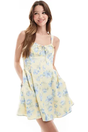Hollister Milkmaid drop waist button detail sleeveless mini dress in print