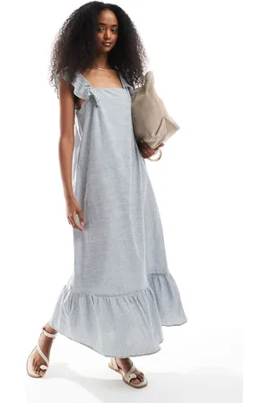 Pieces® Flutter strap tiered cami maxi dress in blue stripe