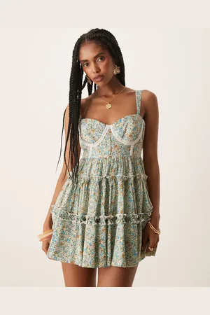 Lace & Beads Lace trim corset ruffle mini dress in ditsy floral-Blue
