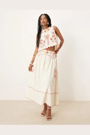 Never Fully Dressed Embroidered cotton midaxi skirt in cream and red (part of a set)