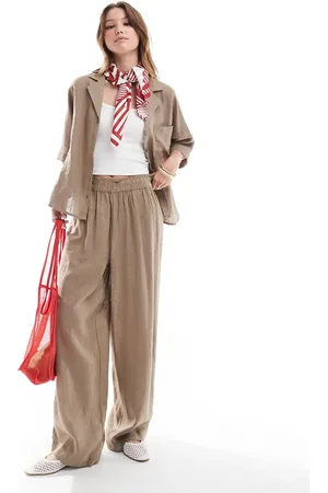 ONLY Linen mix wide leg pants in brown (part of a set)