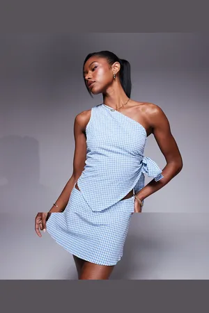 Princess Polly One shoulder tie side top and floaty mini skirt full set in gingham-Multi