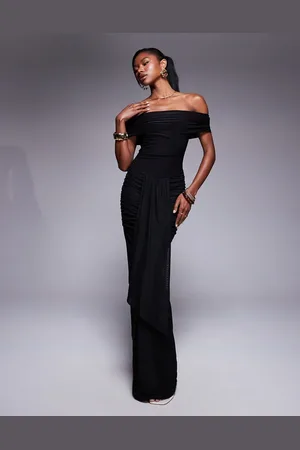Kaiia Exclusive slinky bardot ruched skirt waist drape detail maxi dress in