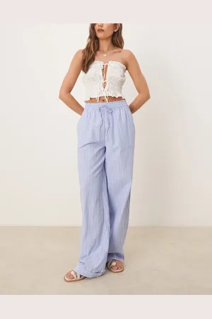 VILA High waist wide leg stripe dad pants with turn up cuff in blue