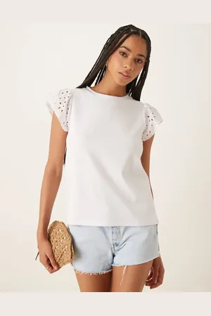 VILA Broderie flutter sleeve jersey top in white
