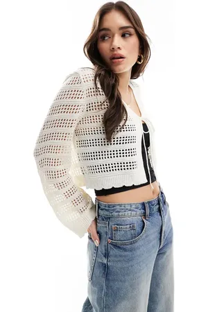 ONLY Tie front crochet cardigan in stone-Neutral