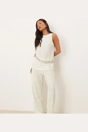 VILA High waist plisse wide leg pants in pale silt green tie dye (part of a set)