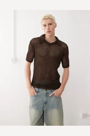 Reclaimed Open stitch knitted polo shirt in chocolate