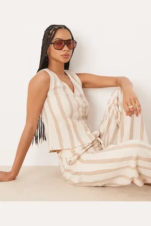 VILA Mix and Match linen touch waistcoat in cream & tan stripe-Neutral