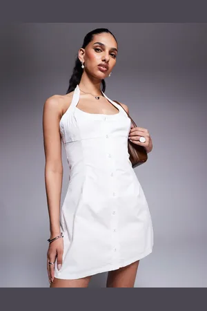 Princess Polly Cotton poplin halterneck button through mini dress in