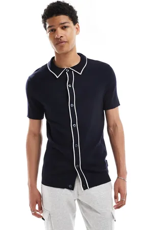 French Connection French Connection tipped knitted button through polo in navy and ecru-Multi
