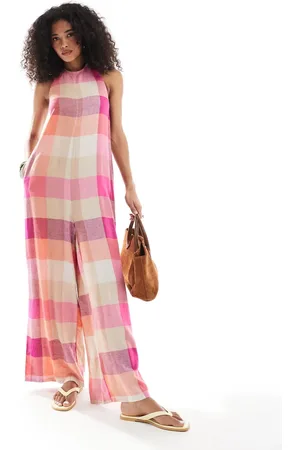 Native Youth Halter neck check jumpsuit in pink multi