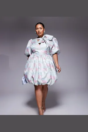 ASOS Curve jacquard puff sleeve mini dress with bow in patchwork print