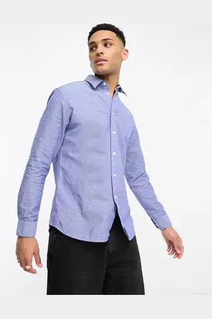 SELECTED Long sleeve linen mix shirt in mid blue