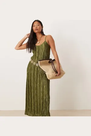 VILA Plisse cami maxi slip dress in olive green