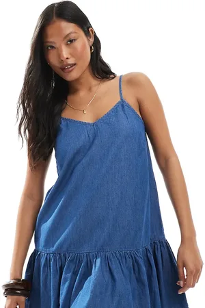 ONLY Dropped waist chambray mini dress in mid blue