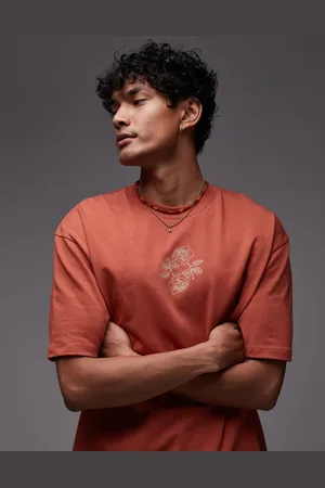 Topman Oversized fit t-shirt with roses embroidery in -Brown