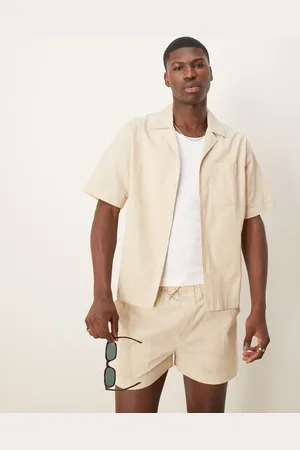 Free Society Linen blend short sleeve beach shirt in (part of a set)-Neutral