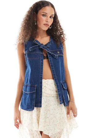 Urban Revivo Tie neck pocket detail denim vest in -Navy