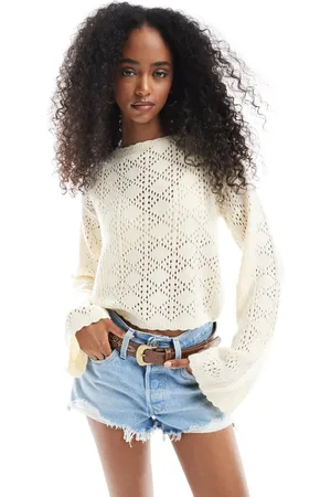 Miss Selfridge Knitted pointelle flare sleeve top in -White