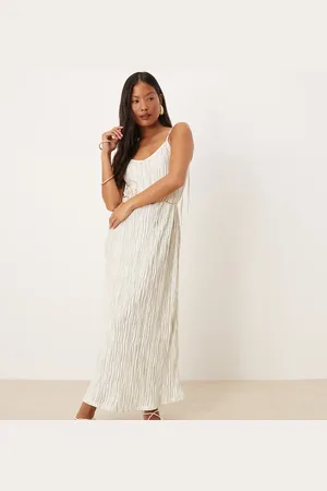 VILA Plisse cami maxi slip dress in pale silt green tie dye