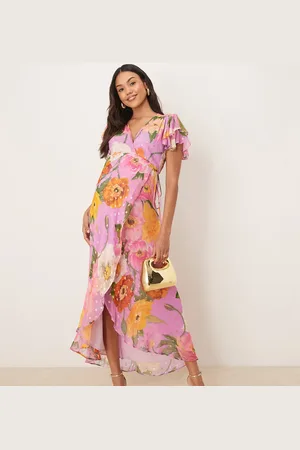HOPE & IVY Frill sleeve maxi wrap dress with tie waist in pink print