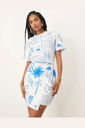 Never Fully Dressed Tie waist palm print mini dress in cream-White