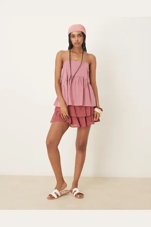 ASOS Cami with volume peplum and tie straps in pink