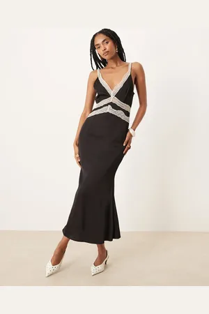 Never Fully Dressed Contrast lace insert satin midaxi dress in
