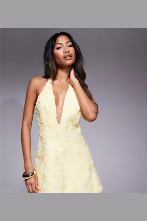Murci Exclusive textured halterneck plunge detail mini dress in -Yellow