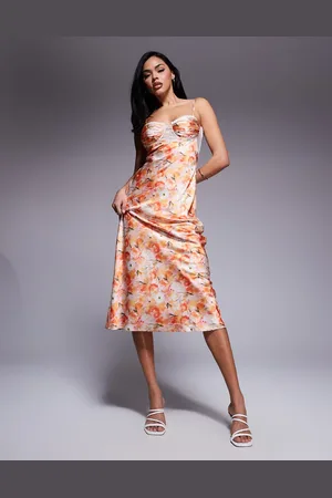 Love Triangle Satin maxi dress with lace trim cups in coral print-Orange