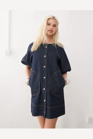 COLLUSION Denim shirt dress with puff sleeves in -Blue