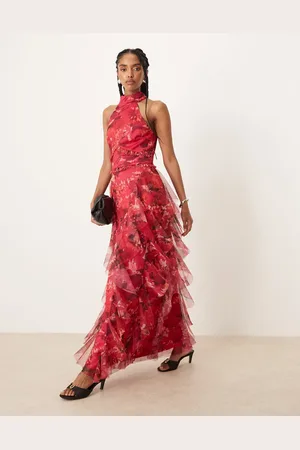 Lace & Beads Halterneck ruffle midaxi dress in oversized