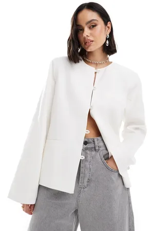 NA-KD Linen look collarless jacket in -Neutral