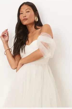 Lace & Beads Off shoulder tulle mini dress in -White