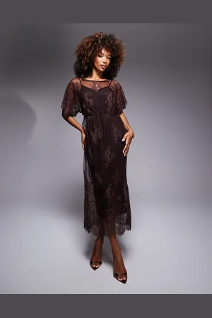 Never Fully Dressed Tilly lace midaxi dress in chocolate-Brown