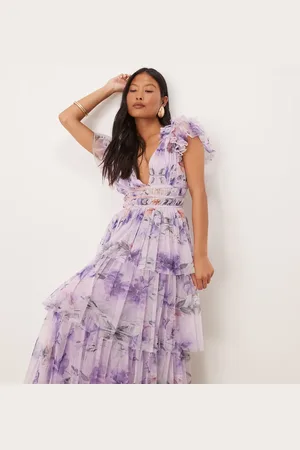 Lace & Beads Ruffle shoulder tiered tulle maxi dress in -Purple
