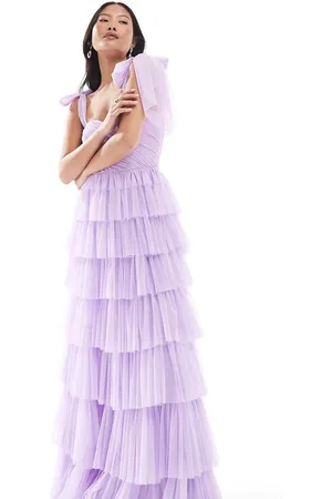 Lace & Beads Bridesmaid bow shoulder tulle maxi dress in -Purple