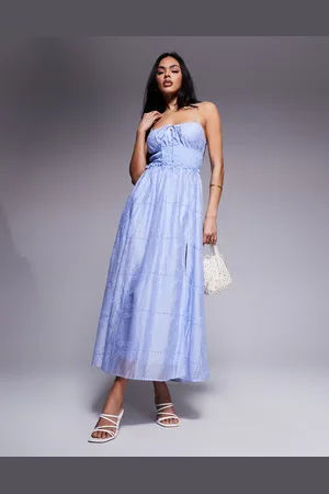 Love Triangle Embroidered midaxi dress with shirred waist and lace up back in blue