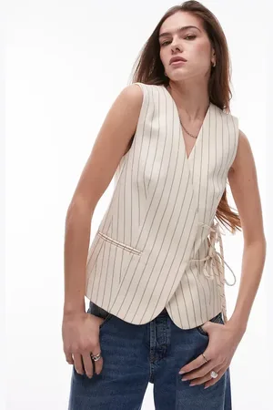 Topshop Pinstripe tie side waistcoat in beige-Neutral
