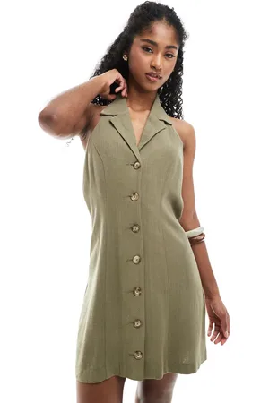 Miss Selfridge Linen blend collared halter mini dress in -Green