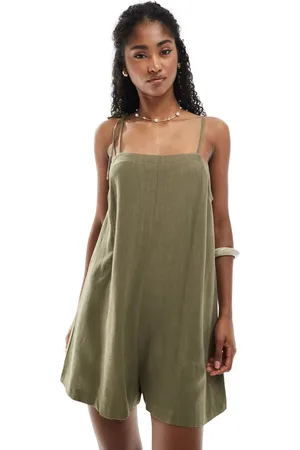 Miss Selfridge Linen blend tie shoulder playsuit in -Green
