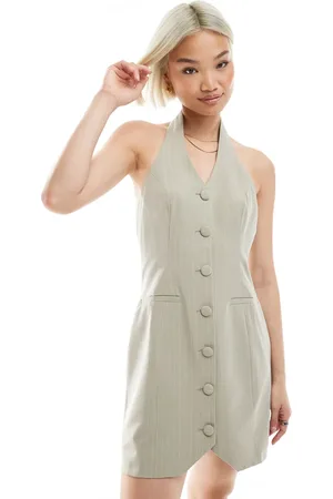 Miss Selfridge Tailored halter mini dress in khaki -White