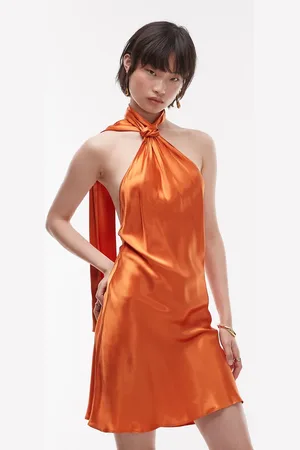 Topshop Satin tie neck halter mini dress in -Brown