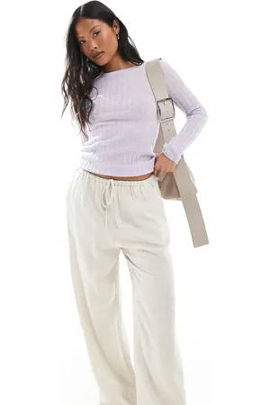 Miss Selfridge Linen blend drawstring waist wide leg pants in -Blue