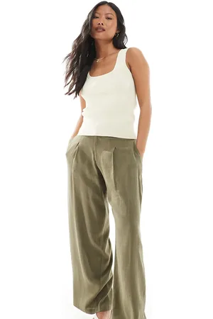 Miss Selfridge Linen blend tailored wide leg pants in -Green