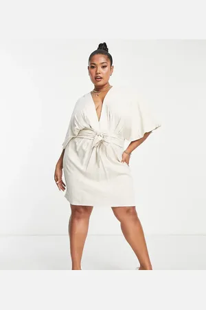 ASOS ASOS DESIGN Curve batwing tie front linen mini dress in -Neutral