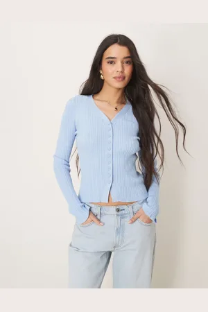ASOS Button front v neck cardigan with frill in rib in