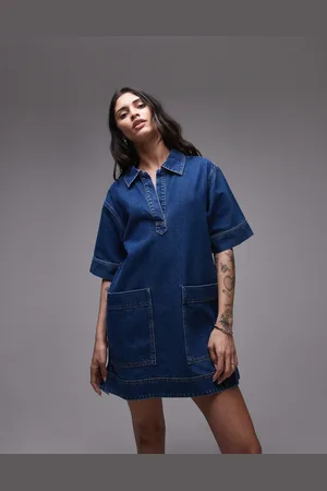 Topshop Denim mini pullover short sleeved rugby dress in