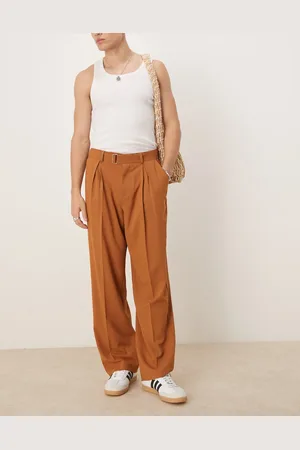 ASOS Smart wide leg linen look belted pants with front pleat in -Orange